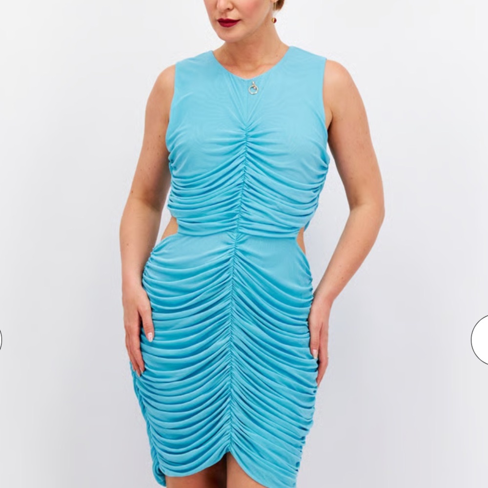 Royalty By Maluma Women's Ruched Side Cutout Mini Dress size Small turquoise